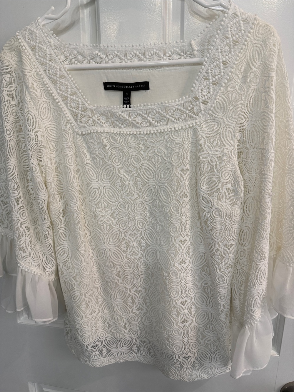 White House Black Market Ivory Lace Square-Neck Blouse with Ruffle Cuffs